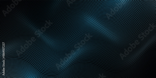 modern concept of technology, science, music, modern arts grid. Flowing dot particles light wave pattern halftone blue gradient smooth curve on black background.modern