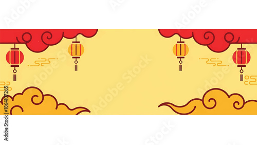 Chinese New Year horizontal vector banner with traditional cloud motifs, lantern accents, and clean central copy space, ideal festive design for web and print