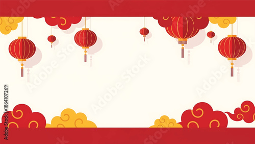 Chinese New Year horizontal vector banner with traditional cloud motifs, lantern accents, and clean central copy space, ideal festive design for web and print
