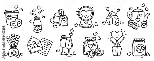 Cute love icons for Valentine's Day. Doodle set.