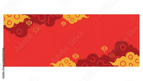 Chinese New Year horizontal vector banner with traditional cloud motifs, lantern accents, and clean central copy space, ideal festive design for web and print