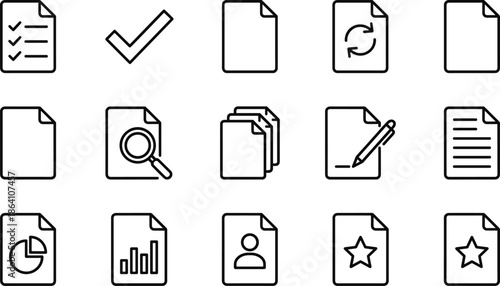 Document file management icon set with checklist edit search update analytics user profile favorite symbols for business workflow interface design