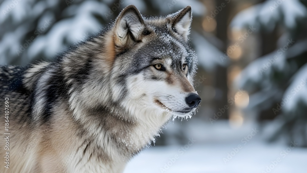 Fototapeta premium A close-up portrait of an Arctic wolf standing in a snowy forest environment.