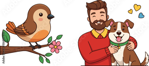 Cute bird on branch and happy man hugging dog cartoon character vector illustration friendship pet love scene