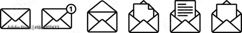 Envelope mail icon set showing inbox message notification open email document communication symbols for web app interface design user interaction