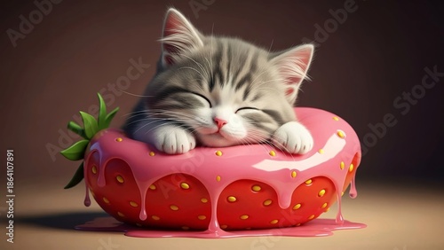 Dreamy Scene of a Kitten Curled up on a Strawberry Donut, Evoking a Cozy and Playful Atmosphere