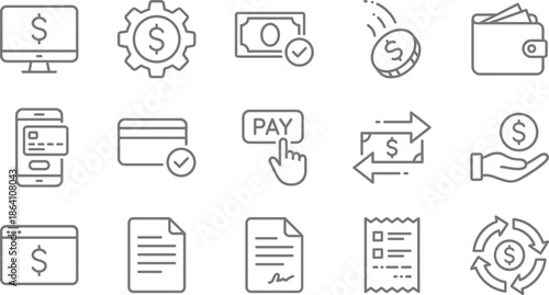 Finance and payment line icon set featuring digital wallet online transactions billing invoices cash flow accounting banking systems and fintech