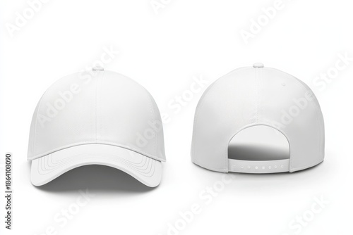 White baseball cap mockup showing front and back views on a plain background for design presentation purposes for different graphic works and styles in various settings