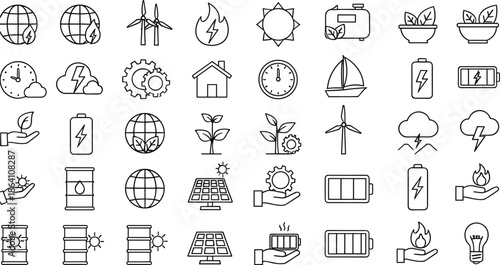 Renewable energy and sustainable power outline icon set featuring solar, wind, battery storage, and eco technology concepts