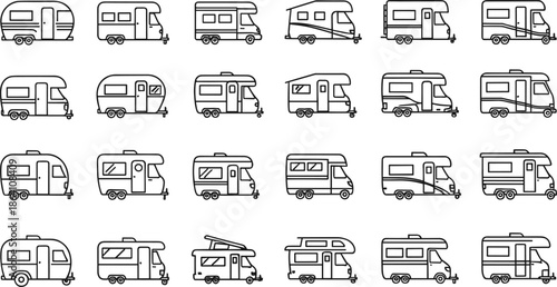 Camper van and motorhome outline icon set featuring travel trailers, RV vehicles, and road trip camping transport designs