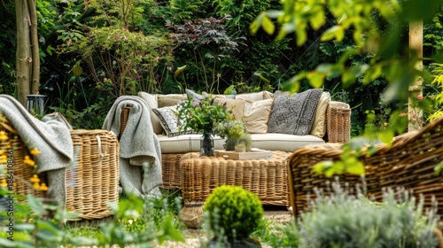 Elegant garden furniture on the terrace of a country house against the background of a green garden. A cozy outdoor seating area with wicker furniture.
