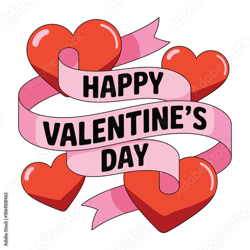 A digital image featuring Valentine's Day theme. The layout features a central pink ribbon banner with the words 'Happy Valentine's Day' in bold, black, capital letters.