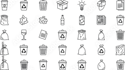 Recycling and waste management outline icon set featuring trash bins, reusable items, sustainability, and eco friendly disposal concepts