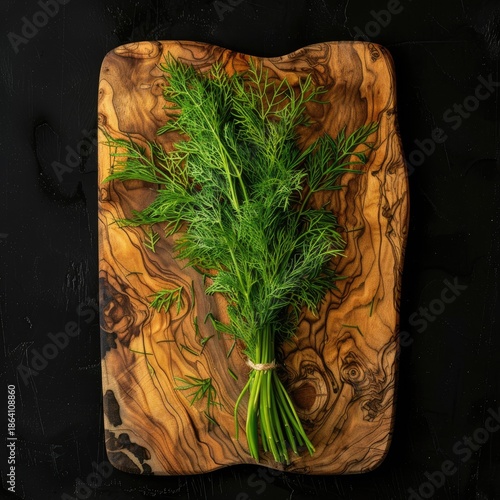 A bunch of fresh dill on a wooden board, fragrant herbs and seasoning.