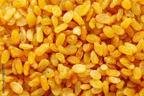 Healthy Organic Dried Golden Raisins, top view.