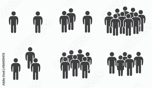 People crowd team symbol icons, featuring groups of human silhouettes, teamwork concepts, community and collaboration symbols,