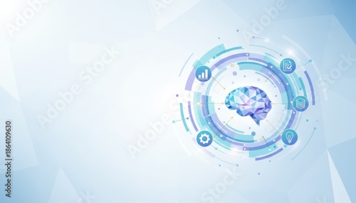 A digital illustration of a brain surrounded by data icons, representing technology, analytics, and artificial intelligence on a light blue background.