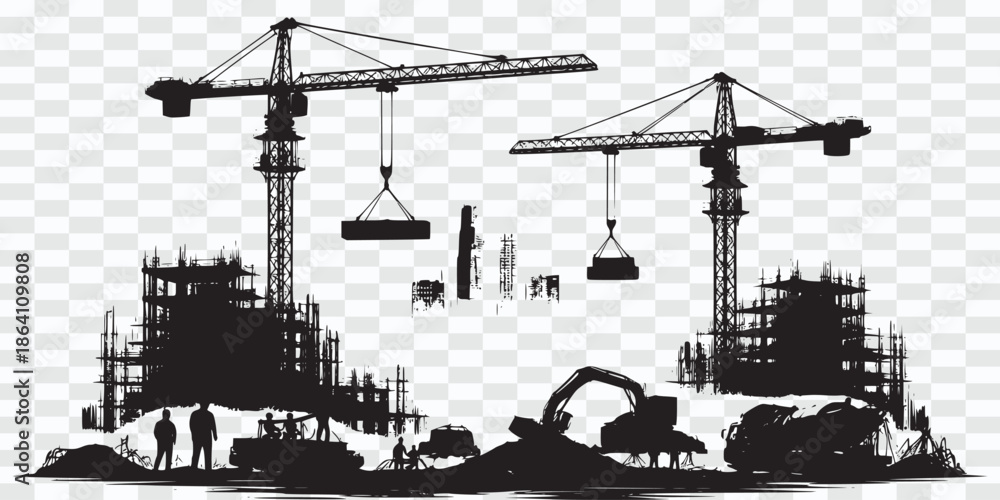 Obraz premium Engineer and Worker Silhouettes at Large Construction Project