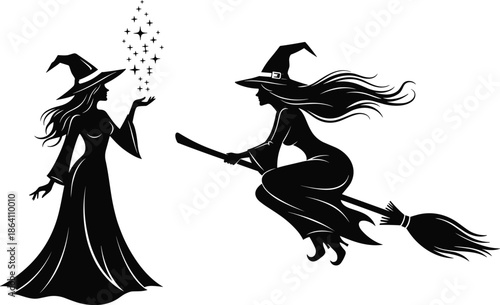 Witch silhouettes vector illustration set with flying broom and magic spell for Halloween fantasy design