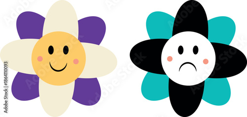 Groovy Flower Cartoon Characters: Hilarious Happy Daisy with Big Eyes and Smile – Retro Trippy Hippie 60s & 70s Style Sticker Pack, Isolated Vector Illustrations Bursting with Colorful Psychedelic