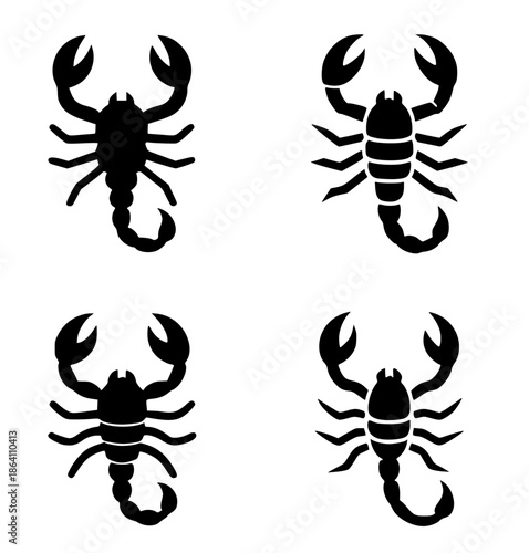4 scorpion illustration icons, silhouette, transparent background