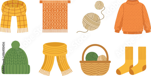 Winter knitting and warm clothing elements vector set with scarf sweater socks yarn and handmade accessories