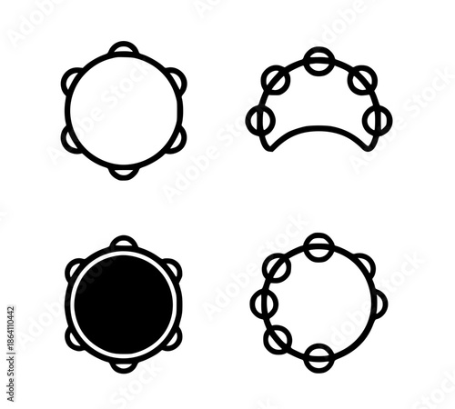 4 tambourine illustration icons, silhouette, transparent background