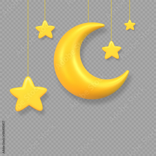 Cute glossy yellow crescent moon with hanging stars in soft 3D style. Dreamy night composition for children designs, baby projects, Ramadan decorations and festive Islamic themes.