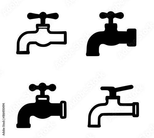 4 water tap illustration icons, silhouette, transparent background