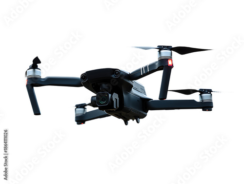 A sleek black professional drone with a high-resolution camera for aerial photography and videography isolated on transparent background