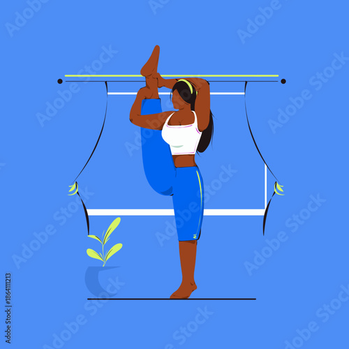Flat vector illustration of a woman practicing standing yoga pose with leg raised. Modern minimal style, vibrant colors, fitness, balance, flexibility, and wellness concept.
