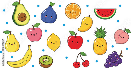 Cute smiling fruit characters vector set with avocado apple banana pineapple watermelon and berries illustrations
