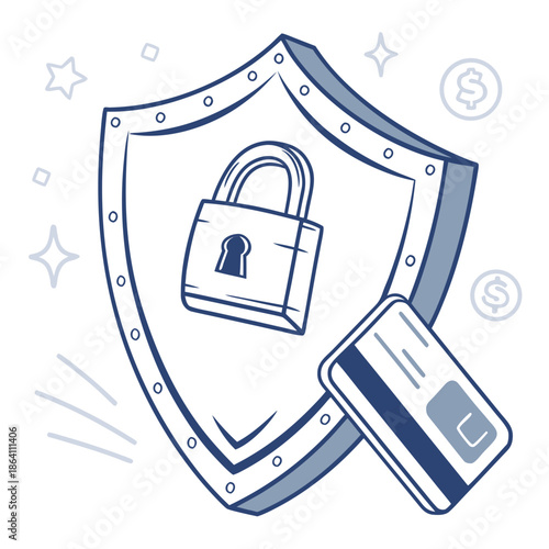 Minimalist security shield and lock symbol for safe online payments and digital data protection
