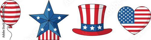USA patriotic symbols vector set with American flag balloon star hat and heart for national celebration design