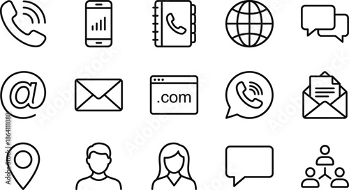 Minimal contact communication icons set featuring phone email chat globe address user symbols for business website web app interface design