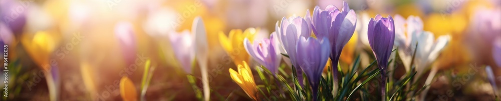 Fototapeta premium Vibrant spring crocuses blooming in sunlit garden