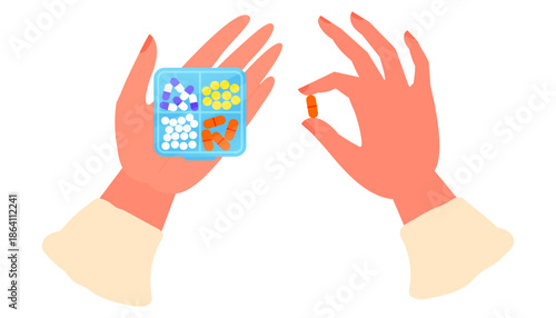 Illustration of hands taking medicine. Hand holds weekly pill organizer with colorful pills. Vector illustration for health and wellness concepts.