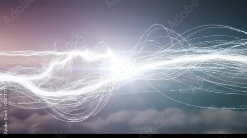 Abstract white luminous trails above hazy cloudy sky