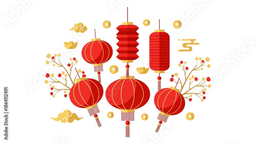 Vibrant red lanterns and decorations arranged in a festive pattern, symbolizing celebration and cultural heritage