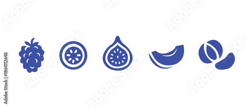 Food fruits glyph icon set. Vector pictograms of banana, strawberry, pineapple, watermelon, grapes, mango, blueberries, peach, cherry, lemon, avocado, pear, kiwi, black sign silhouette illustration.