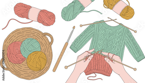 Knitting and crochet illustration vector set with yarn balls needles hands and handmade sweater crafting process