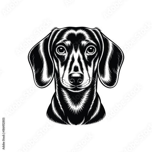 Dachshund Dog Head Black and White Engraving Style Illustration – Detailed Line Art Portrait