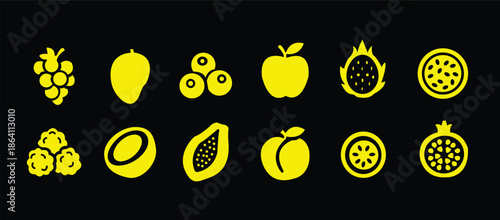 Food fruits glyph icon set. Vector pictograms of banana, strawberry, pineapple, watermelon, grapes, mango, blueberries, peach, cherry, lemon, avocado, pear, kiwi, black sign silhouette illustration.