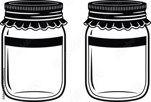 Two mason jars with rustic lids and blank black labels, vintage glass containers for homemade jam, preserves, or kitchen storage vector illustration (24 words)