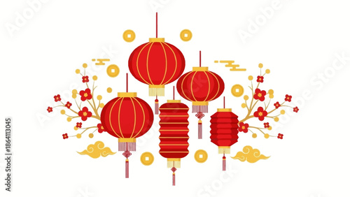 Vibrant red lanterns and decorations float amidst golden accents in a festive illustration