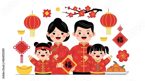 Family Celebrating Lunar New Year Together with Traditional Clothing and Decorations