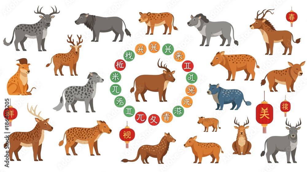 Fototapeta premium Diverse animal illustrations arranged in a circular pattern around a central figure surrounded by symbolic lanterns