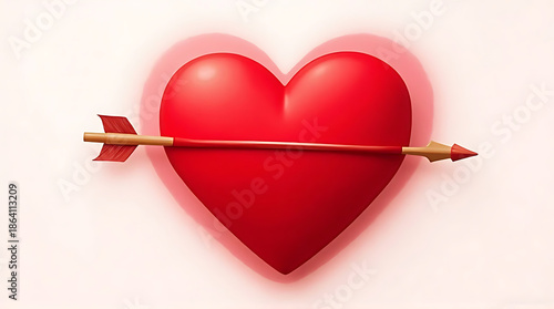 Valentines day heart pierced by cupids arrow three dimensional glossy render