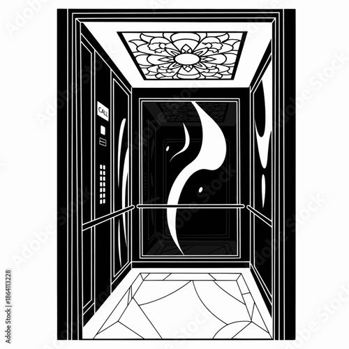 Luxurious hotel elevator with decorative ceiling interior