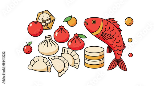 A vibrant illustration of traditional dishes and ingredients, including fish, dumplings, and fruits, arranged on a clean white background from a straightforward viewpoint.